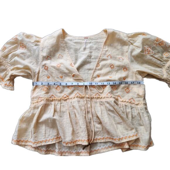 Free People Tallulah Embroidered Blouse Belle of Georgia Puff Sleeves Tie Size M - Picture 6 of 7
